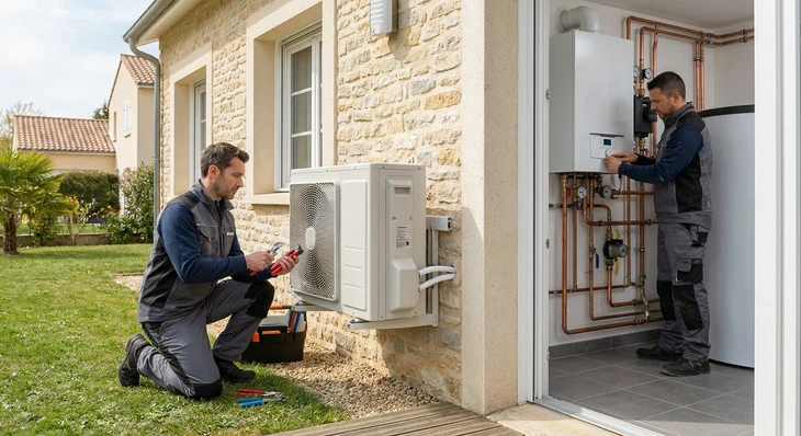 Chaufferie moderne avec chaudière à gaz ou mazout bleue, ballon d'eau chaude cylindrique et système de distribution